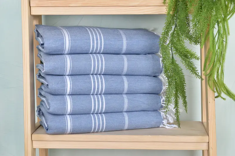 Bridal Shower Gift Denim Blue Cotton Towel Striped, 40x71 Inches