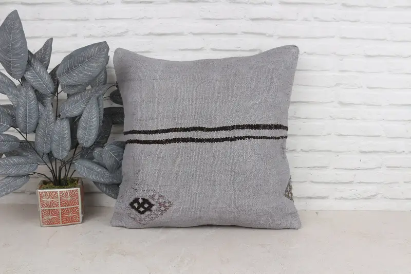 Patio Cushion, Pillow Case, 22x22 Gray Cushion, Interior Designer Pillow, Home Decor Pillow, Ethnical Kilim Rug Pillow, Ethnic Throw Cushion - 1