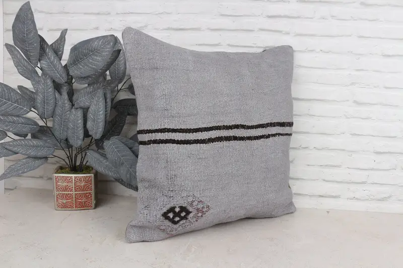 Patio Cushion, Pillow Case, 22x22 Gray Cushion, Interior Designer Pillow, Home Decor Pillow, Ethnical Kilim Rug Pillow, Ethnic Throw Cushion - 3