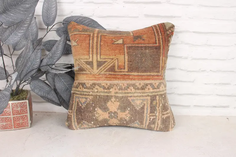 Pillow, Antique Pillows, Home Decor Pillow, Kilim Pillow Cover, Seat Pillow, 16x16 Orange Pillow Cover, Farmhouse Cushion Case - 1