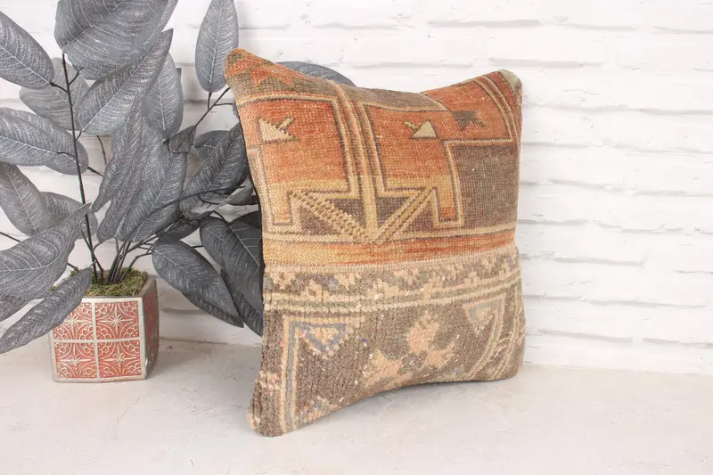Pillow, Antique Pillows, Home Decor Pillow, Kilim Pillow Cover, Seat Pillow, 16x16 Orange Pillow Cover, Farmhouse Cushion Case - 3
