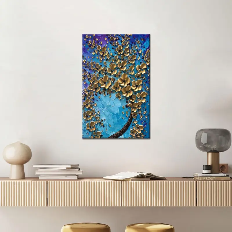 Modern Golden Flower Abstract Trendy Blue Printed Canvas