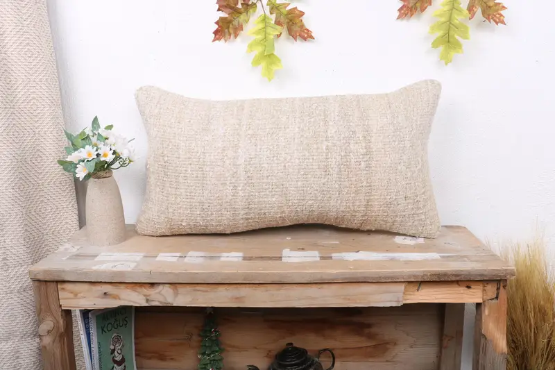 Cushion Case, Turkish Kilim Pillow, Vintage Kilim Throw Pillow, Interior Designer Pillow, 12x24 Beige Cushion, Bohemian Cushion Cushion - 1