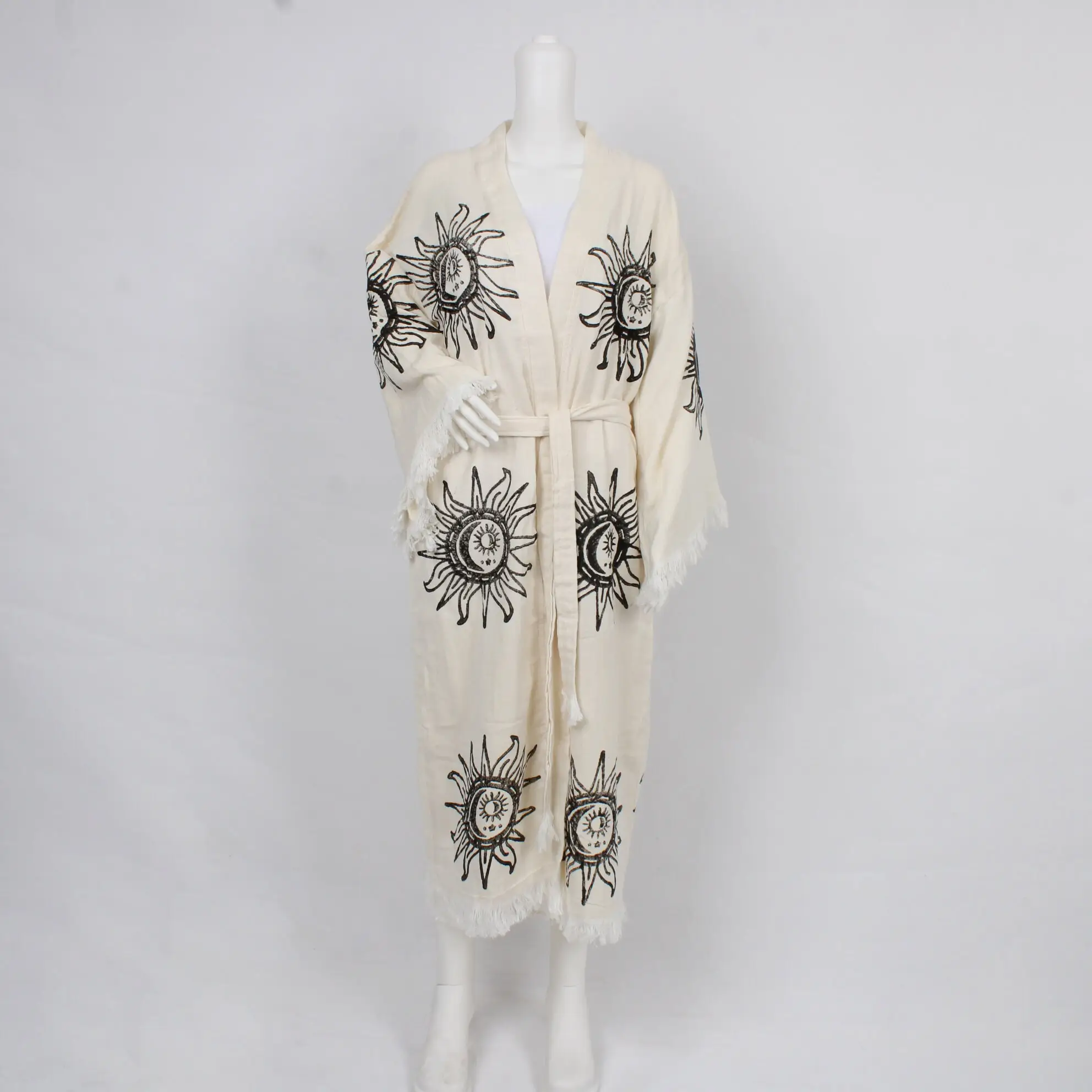 Elegant Bathrobe, Muslin Spa Kimono, Beige with Black, Gothic Style, M/L - 1