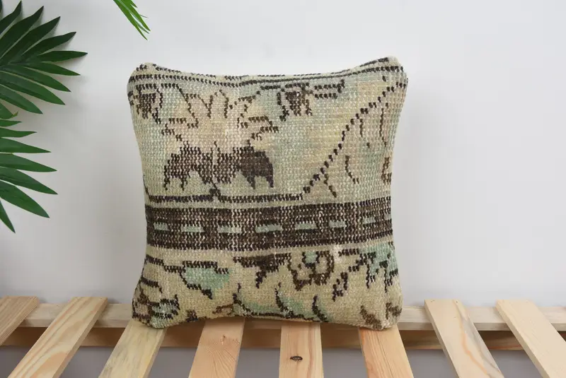 Shabby Chic Pillow, Gift Pillow, Boho Pillow, 12x12 Brown Cushion Cover, Handwoven Pillow Sham, Throw Kilim Pillow, Cushion, Art Deco Pillow Sham - 1