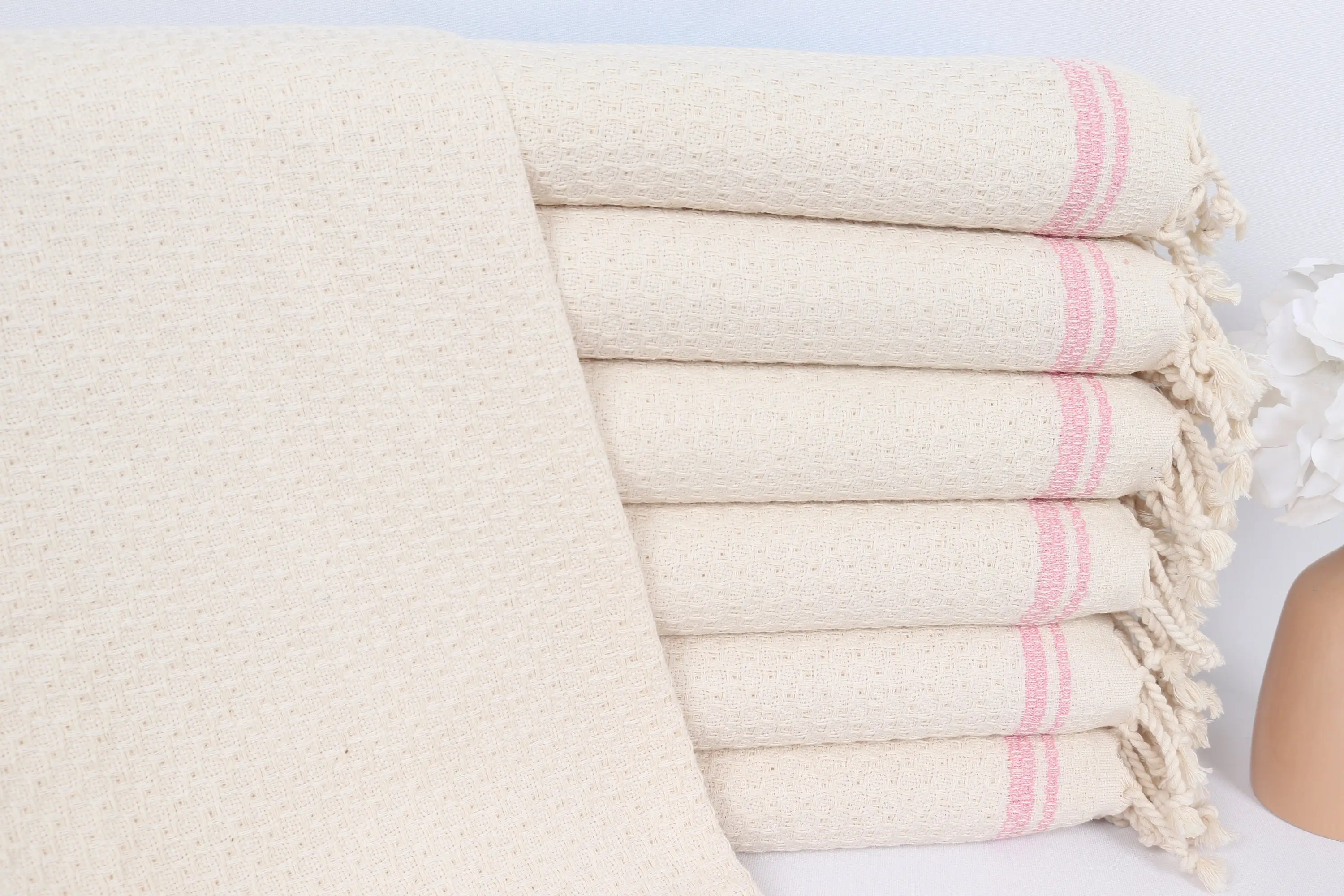 Bridesmaid Gift Striped Tea Towel Pink Beige Cotton 18x38 Inches - 1
