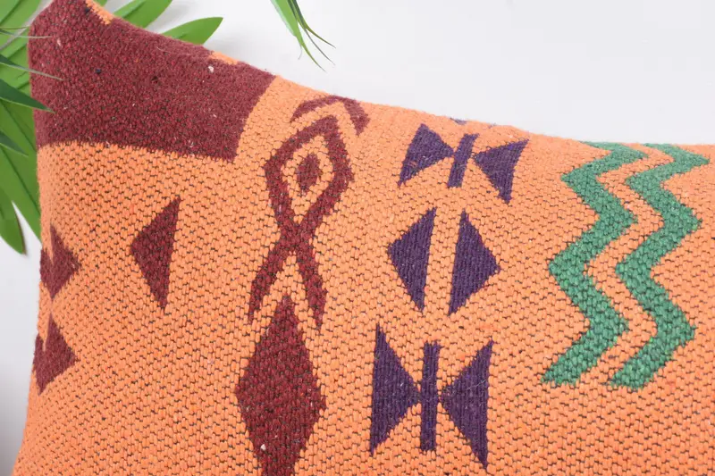 Sustainable Cushion Case, Kilim Cushion Sham, Cushion, Floor Cushion Case, 12x36 Orange Pillow Cover, Pillow for Couch, Throw Kilim Pillow - 2