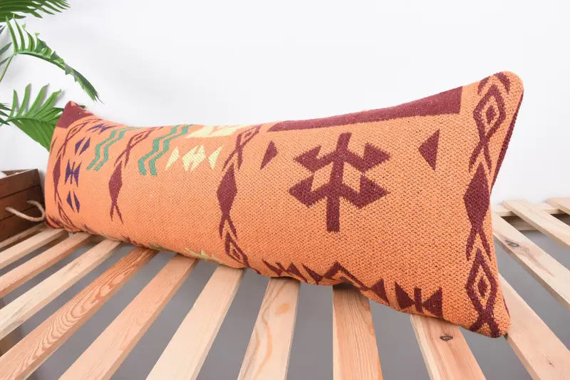 Sustainable Cushion Case, Kilim Cushion Sham, Cushion, Floor Cushion Case, 12x36 Orange Pillow Cover, Pillow for Couch, Throw Kilim Pillow - 5