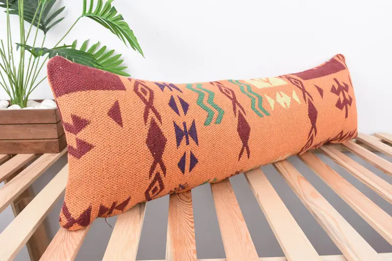 Sustainable Cushion Case, Kilim Cushion Sham, Cushion, Floor Cushion Case, 12x36 Orange Pillow Cover, Pillow for Couch, Throw Kilim Pillow - 4