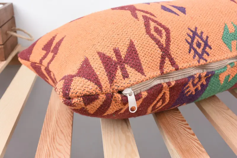 Sustainable Cushion Case, Kilim Cushion Sham, Cushion, Floor Cushion Case, 12x36 Orange Pillow Cover, Pillow for Couch, Throw Kilim Pillow - 6