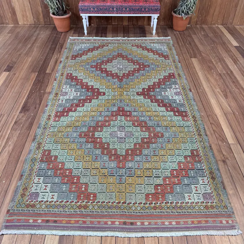 Vintage Oushak Büyük Halı 5,2x9,7 ft (158x296 cm), Türk Kırmızı Ombré Halı - 1