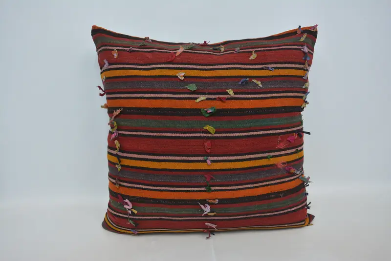 Rot & Orange gestreiftes Wurfkissen, handgemachtes Hanf & Baumwollkissen