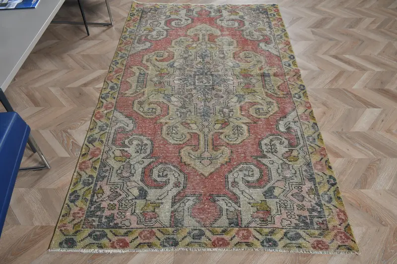 Alfombra turca Oushak de 4,2x7,3 pies, alfombra de lana vintage Ombré roja - 1