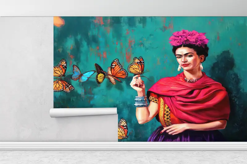 Fashion Wallpaper, Modern Wall Art, Frida And Butterflies Wall Print, Famous Wallpaper, Luxury Wall Painting, Frida Kahlo Wallpaper, - 1