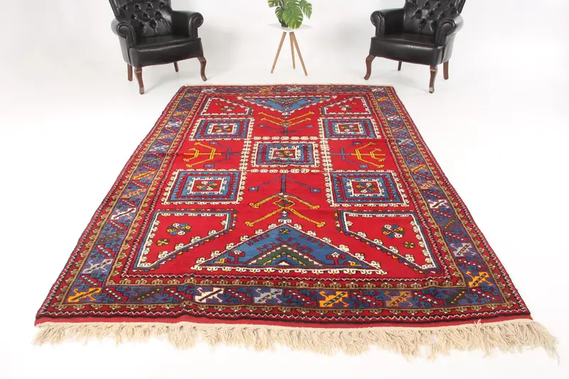 6.6x10.2 ft Vintage Large Rug, Turkish Red Bordered Rug - 1