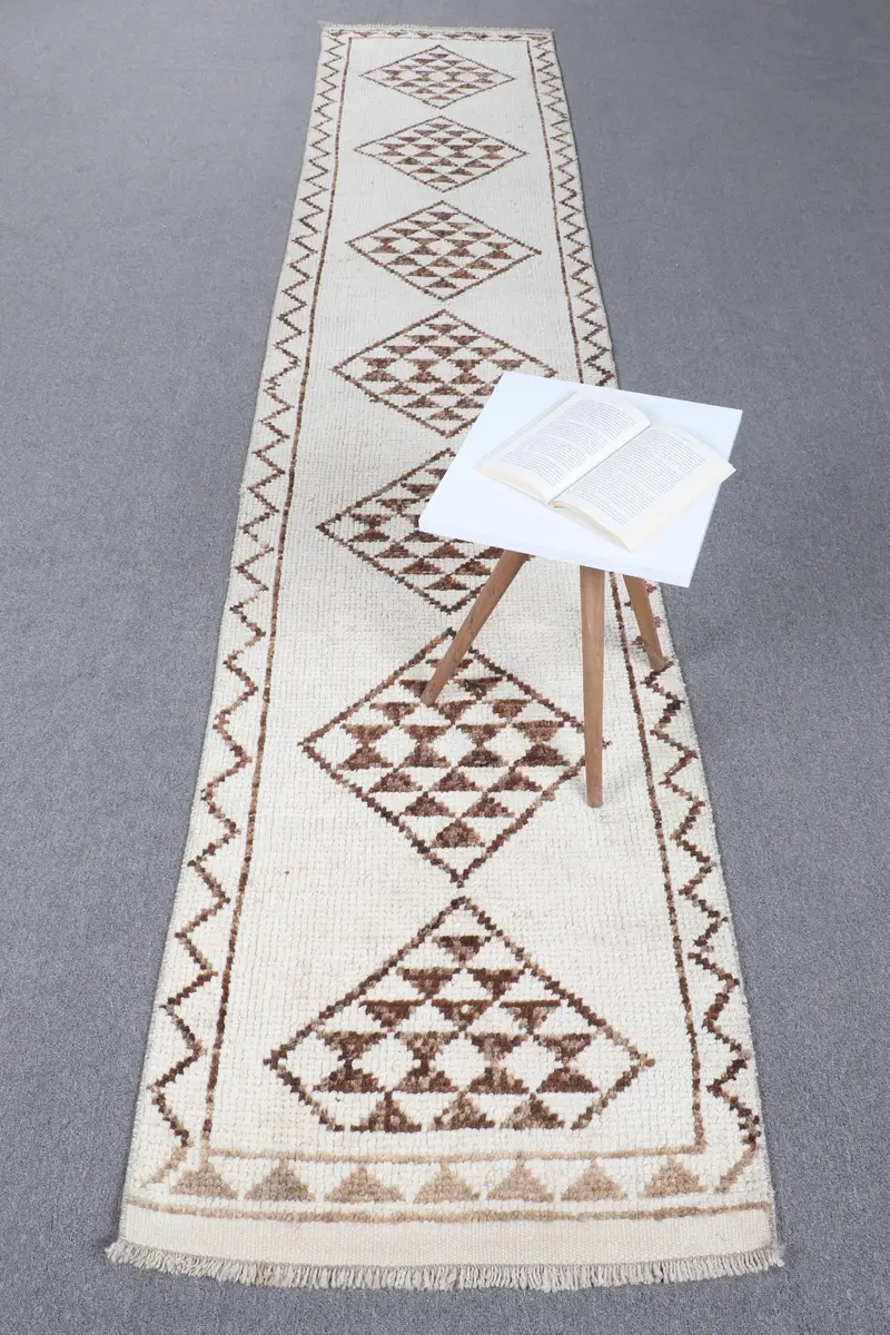 Handmade Beige & Brown Rug, 0.2x12 ft Striped Geometric