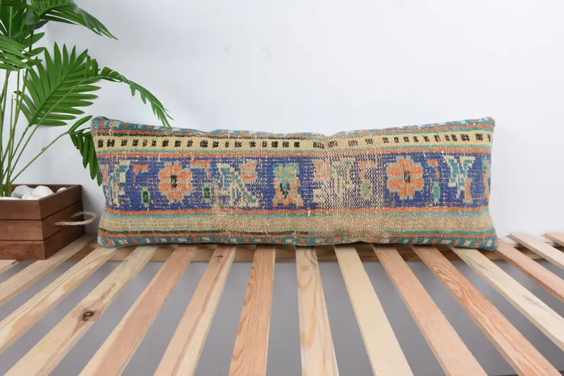 Turkish Kilim Pillow, Cushion Case, 12x36 Blue Pillow Sham, Morroccon Kilim Cushion Pillow, Turkish Pillow, Vintage Kilim Pillow - 1