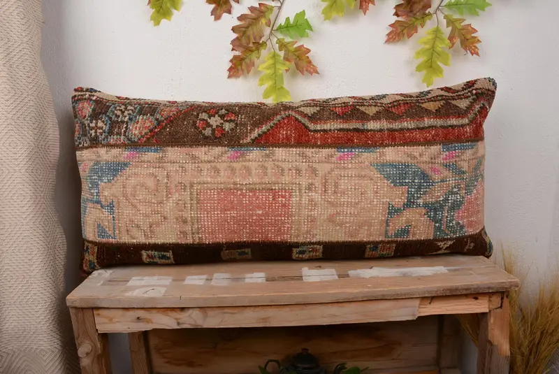 Red & Green Patchwork Throw Pillow, 16x36 Handmade Embroidered Pillow