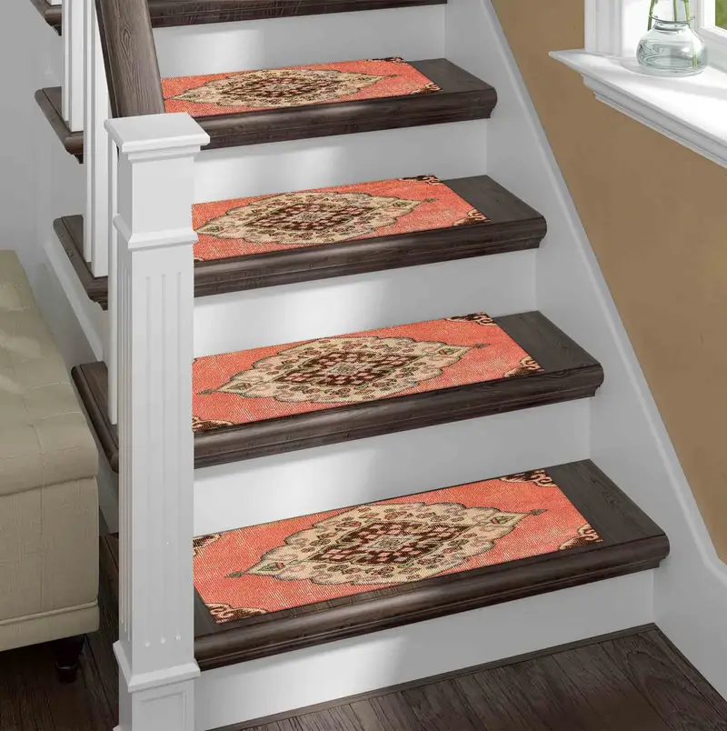 Orange Medallion Printed Rug: Bohemian Stair Rug with Trendy Fade