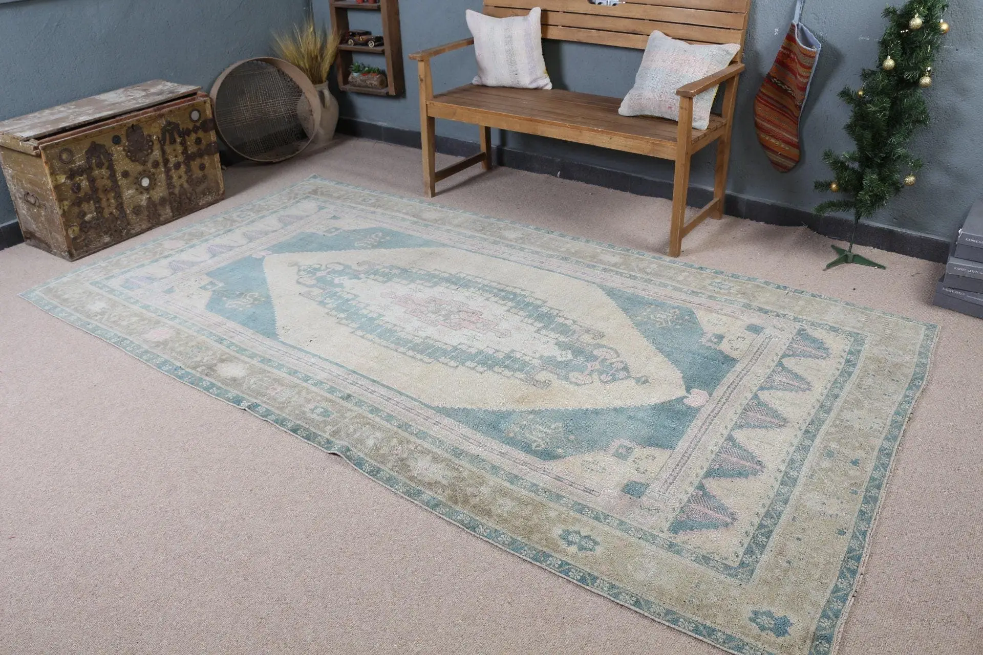 5.2x9.4 ft Türk Halısı, Mavi Çiçekli Vintage Yün Halı - 1