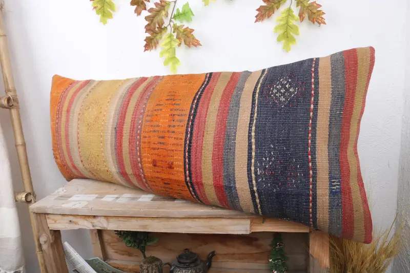Ethnical Kilim Rug Pillow, 16x43 Orange Cushion, Designer Throw Pillow, Interior Designer Pillow, Cushion, Gift Pillow - 4