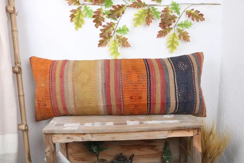 Ethnical Kilim Rug Pillow, 16x43 Orange Cushion, Designer Throw Pillow, Interior Designer Pillow, Cushion, Gift Pillow - 1