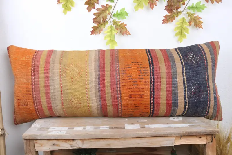 Ethnical Kilim Rug Pillow, 16x43 Orange Cushion, Designer Throw Pillow, Interior Designer Pillow, Cushion, Gift Pillow - 2