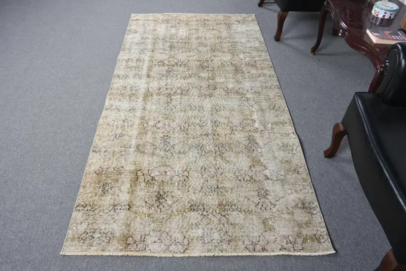 Türk 3.8x7.5 ft Halı, Alan Vintage Halı, Yeşil Çizgili Yün Halı - 1