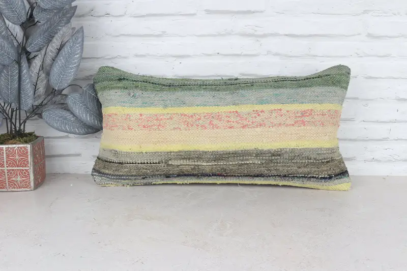Gift Pillow, Pillow for Couch, Ethnical Kilim Rug Pillow, Pillow, Indoor Pillow Cover, Outdoor Bolster Pillow Case, 12x24 Yellow Cushion Cover - 1
