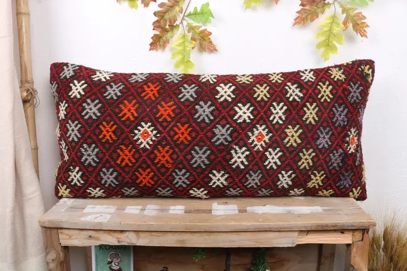 Gesticktes Vintage Kissen, 16x36 geometrisches Wurfkissen