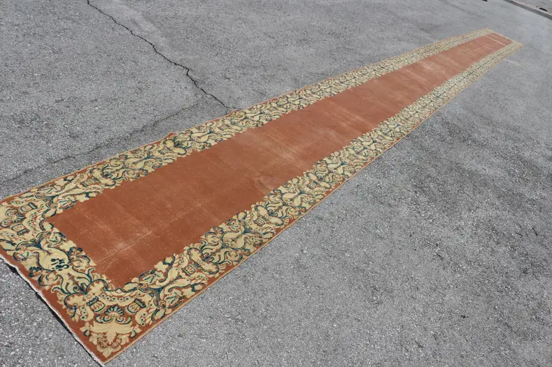 Türk Halısı, 2.9x34.5 ft Vintage Halı, Kahverengi Mavi Çiçekli Yün Halı - 1