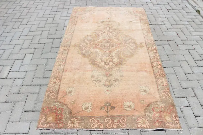 Vintage Turkish Rug 3.9x7.1 ft (120x215 cm), Oushak Brown Wool Rug - 1