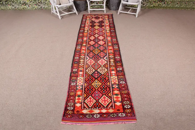 Türk 2.8x11.4 ft Halı, Vintage Halı, Kırmızı Geometrik Yün Halı - 1