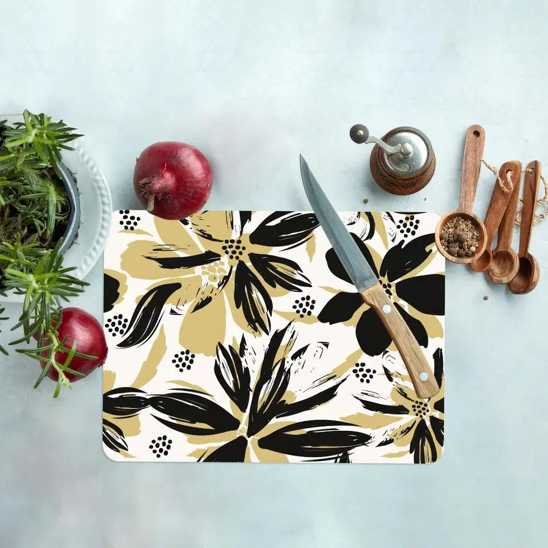 Siyah Çiçek Cam Kesme Tahtası, Temperli Güvenlik, Mutfak Temeli