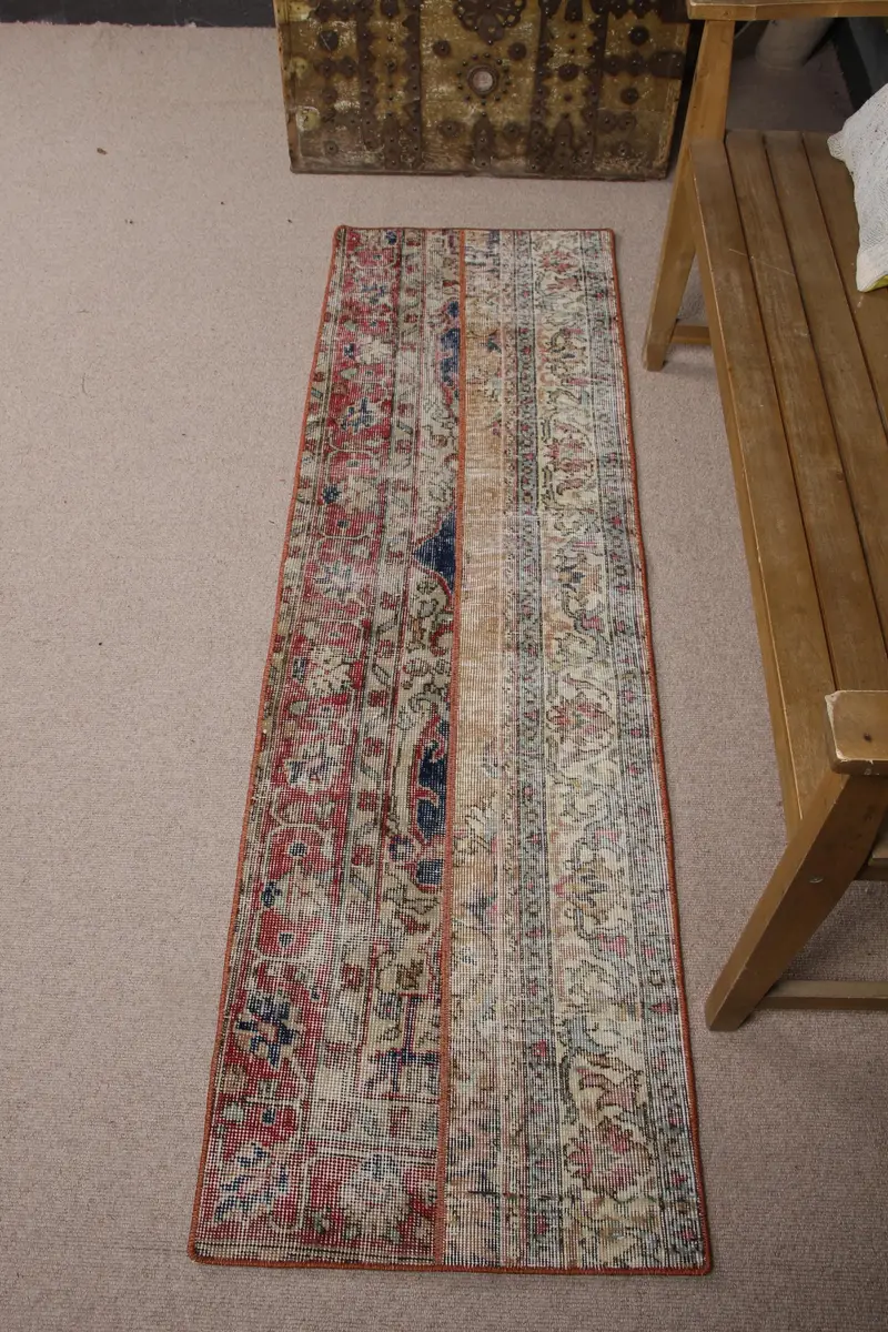 Elegant Beige & Red Rug, 1,8x6,2 ft Floral & Geometric
