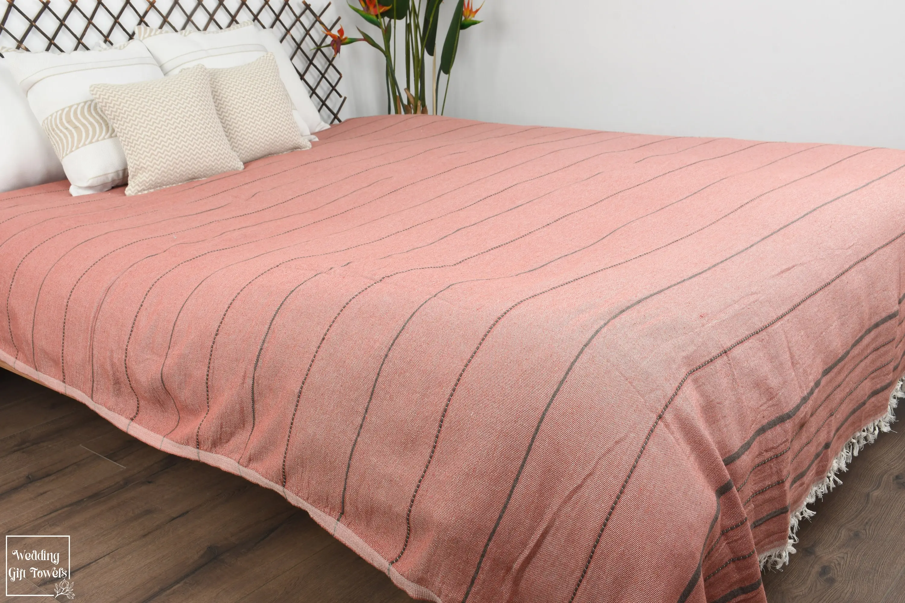 Personalized Turkish Cotton Throw Blanket Striped Boho Beige, 79x99 Inches - 1