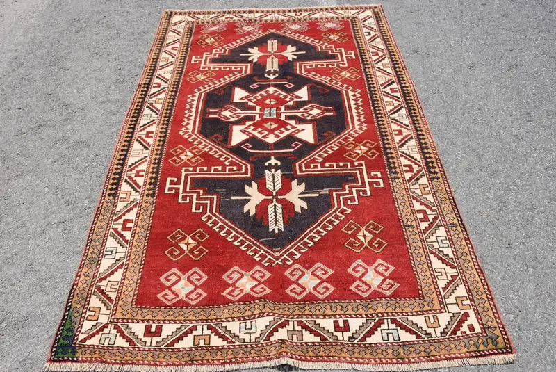 Turkish Vintage Area Rug 4.4x6.6 ft, Red Brown Animal Print Rug - 1