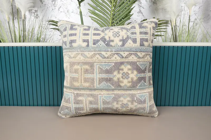 Handmade Blue & Beige Patchwork Throw Pillow, Vintage Embroidered Pillow