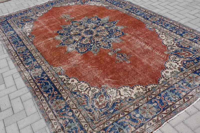 7.3x11.1 ft Oushak Halı, Vintage Türk Halısı, Kırmızı Mavi Çiçekli Halı - 1