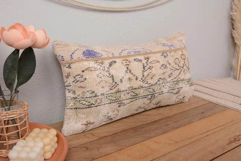 Beige & grünes Patchwork-Wurfkissen, 12x24 besticktes Kissen