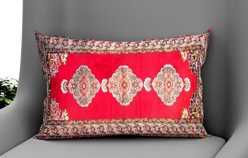 Rot & Braun besticktes Wurfkissen, Vintage Chenille Kissen