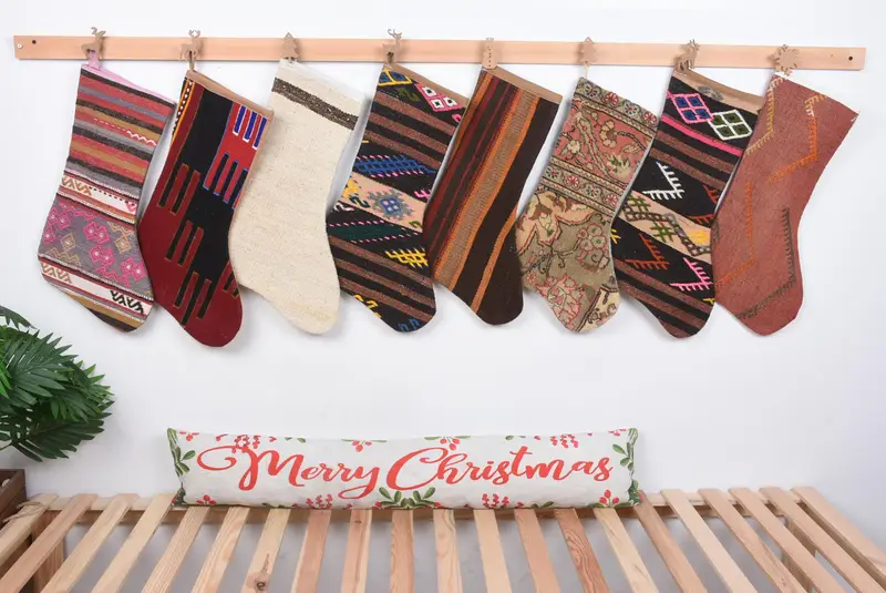 Şenlikli Kilim Noel Çorabı, 8 inç Boho Süs Desenli Çorap