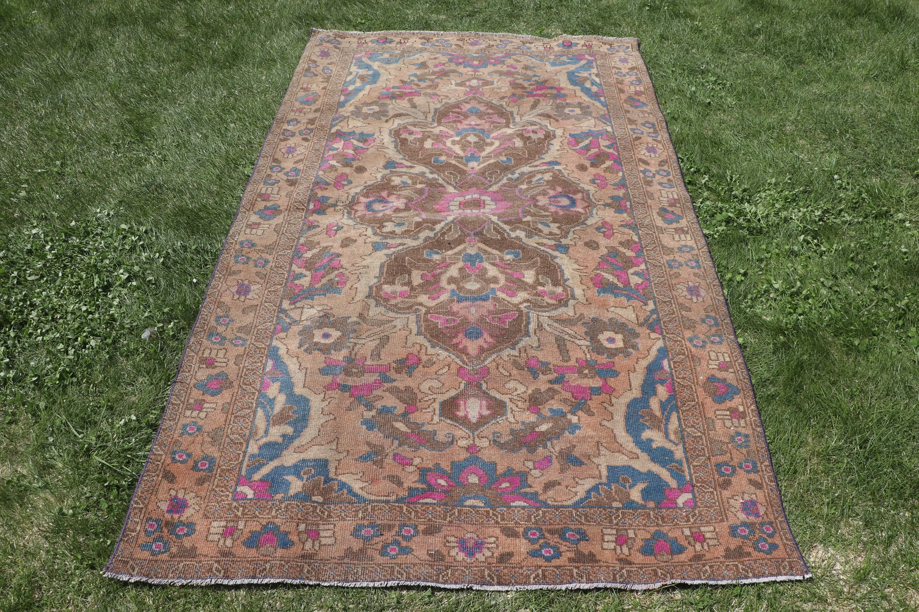 Vintage Turkish Area Rug 4.3x7.4 ft, Brown Blue Animal Print Rug - 1