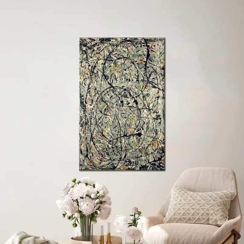 Abstrakte, farbenfrohe, schwarz bedruckte Leinwand: Elegante Wandkunst