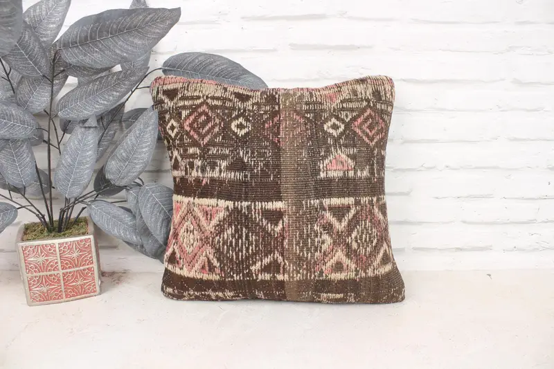 Cushion Cover, Gift Pillow, Neutral Cushion Case, Kilim Pillow, Authentic Pillow Cover, 16x16 Brown Cushion, Kilim Pillow Cover, Authentic Cushion - 1