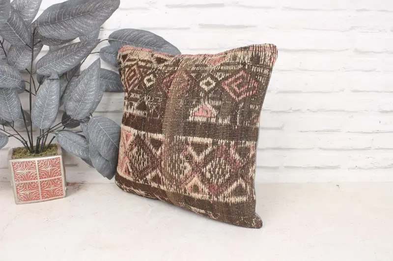 Cushion Cover, Gift Pillow, Neutral Cushion Case, Kilim Pillow, Authentic Pillow Cover, 16x16 Brown Cushion, Kilim Pillow Cover, Authentic Cushion - 4