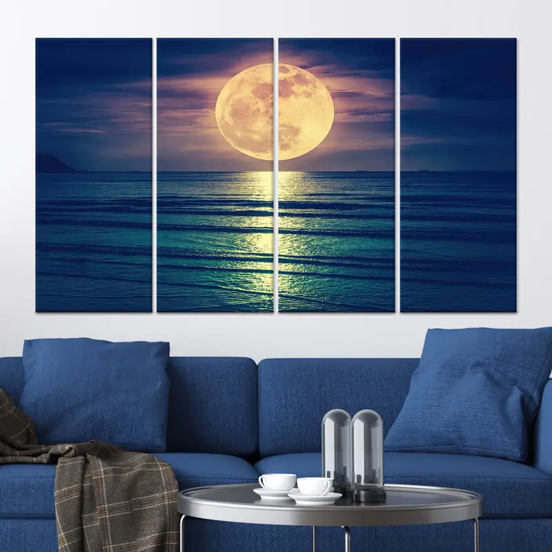 Zeitgenössische Meereslandschaftsleinwand: Mondbeschienener Strand und Supermondschein