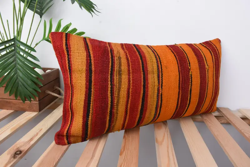 Ottoman Cushion Cover, Antique Pillows, Pillow Sham, 12x24 Orange Cushion Cover, Throw Kilim Pillow, Kilim Cushion Sham - 5