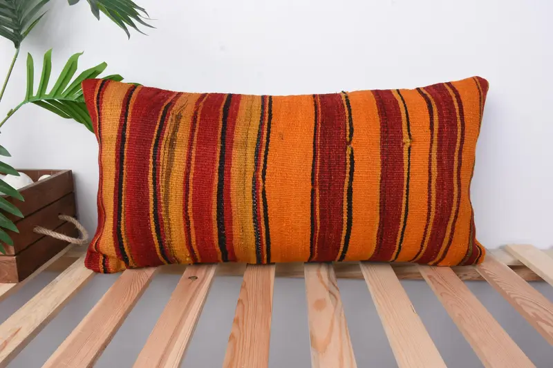 Ottoman Cushion Cover, Antique Pillows, Pillow Sham, 12x24 Orange Cushion Cover, Throw Kilim Pillow, Kilim Cushion Sham - 1