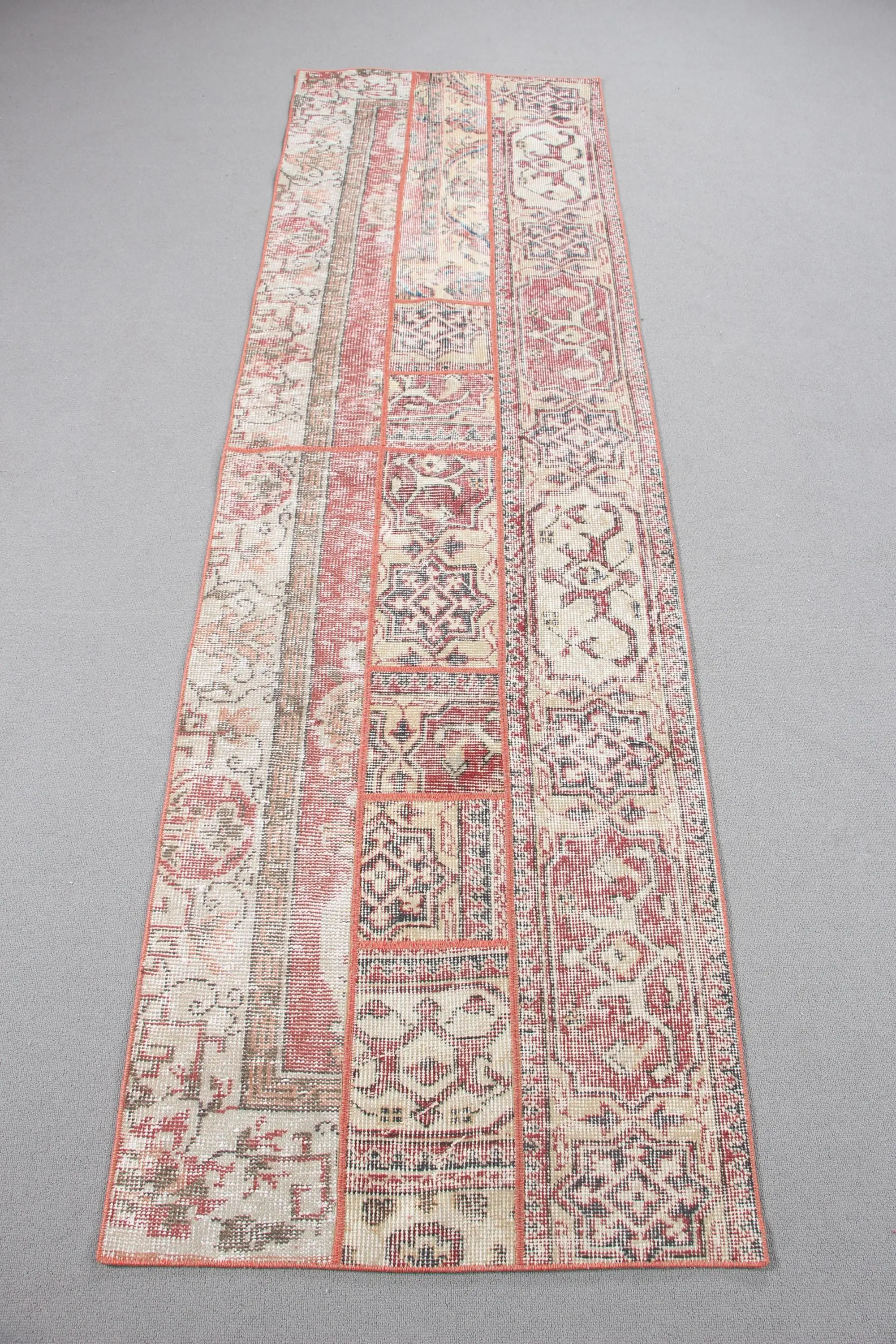 Vintage Turkish Rug, 2.5x8.5 ft Runner Rug, Red White Ombré Rug - 1